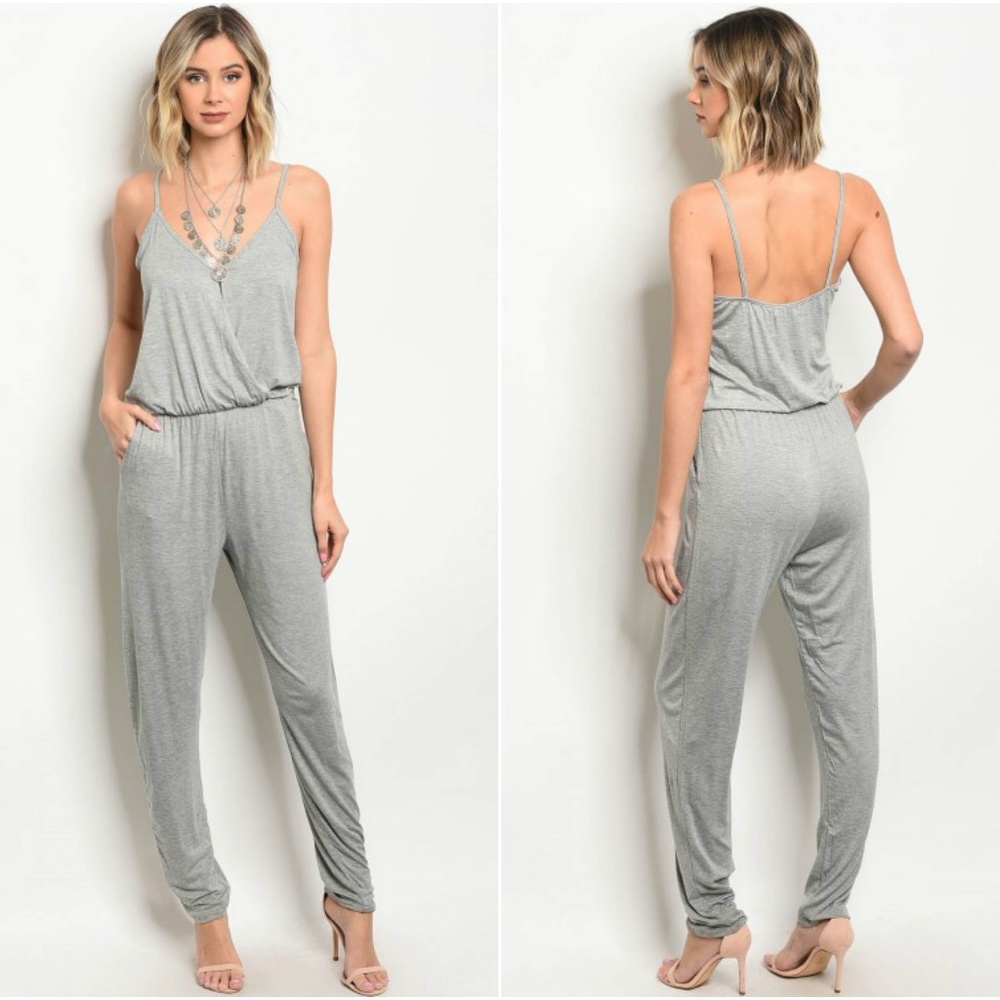 Rayon Heather Gray Jersey Jumpsuit W Pockets - Picture 1 of 3
